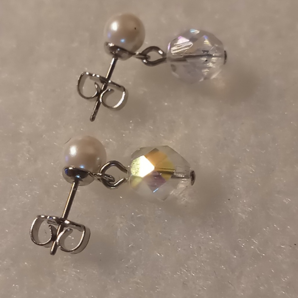 Sterling silver genuine cultured pearl & multi faceted lead crystal stamped
